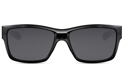 Wayfarer hurtige solbriller i sorte glas og sort stel set fra fronten