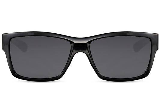 Wayfarer hurtige solbriller i sorte glas og sort stel set fra fronten