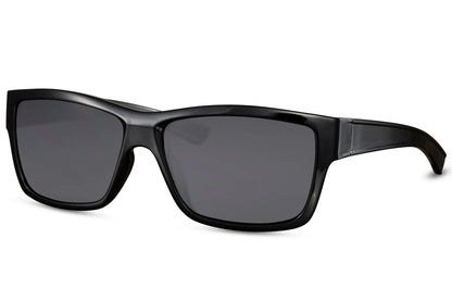 Wayfarer hurtige solbriller i sorte glas og sort stel set fra siden