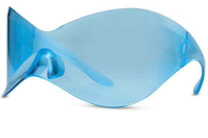 Blå wraparound solbriller med store glas set fra siden