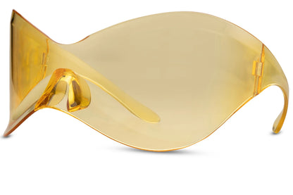 Gule wraparound solbriller med store glas set fra siden