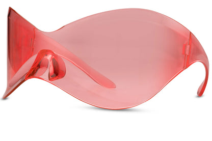 Røde wraparound solbriller med store glas set fra siden